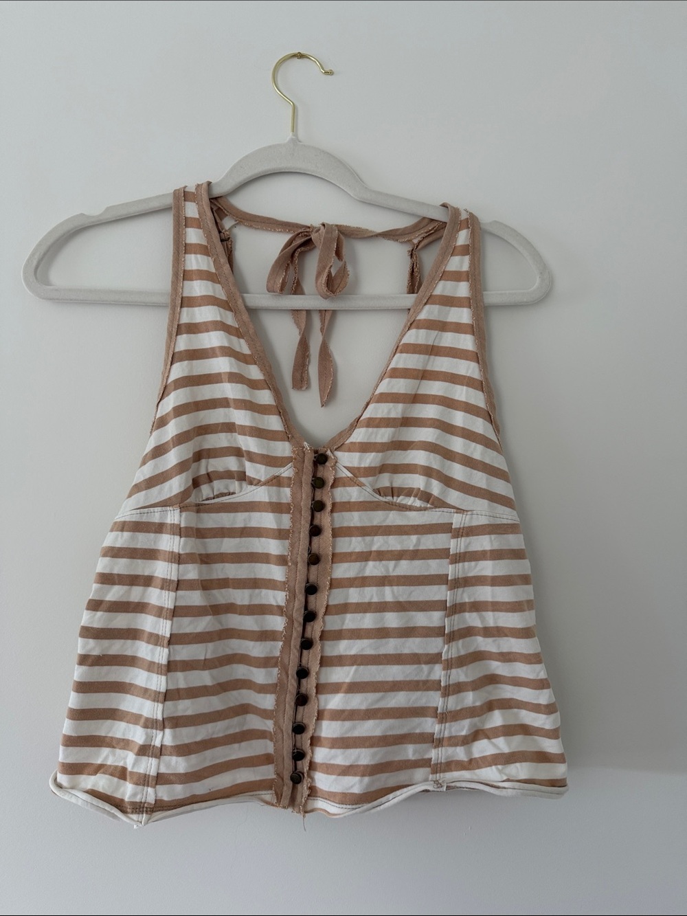 Striped Free People Tie-Back Tank Top in Beige and White